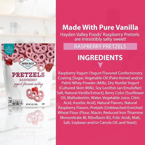 5 oz Hayden Valley Foods Raspberry Yogurt Flavored Covered Pretzels | Resealable Bag | Gourmet Pink Valentine's Day