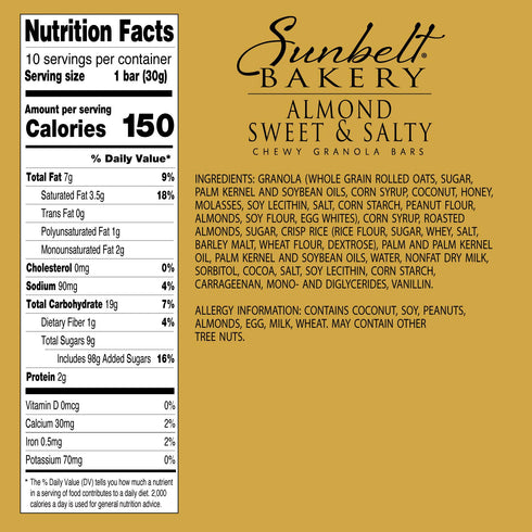 10 (2) Sunbelt Bakery Almond Sweet & Salty Chewy Granola Bars, Bars In Each Box, No Preservatives