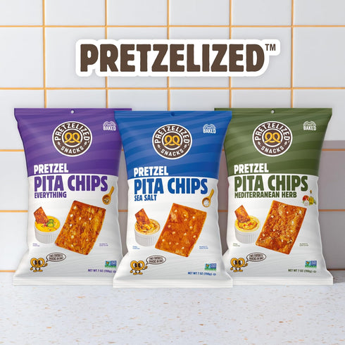 7 oz (Pack 12) PRETZELIZED Snacks Pretzel Pita Chips, Mediterranean Herb Flavor, Bags