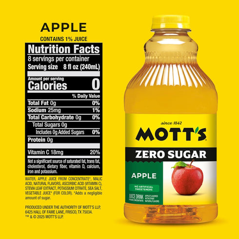 64 oz (Pack 8), Mott's Zero Sugar Apple Juice Drink, fl Bottle of Apple Flavor, Excellent Source of Vitamin C