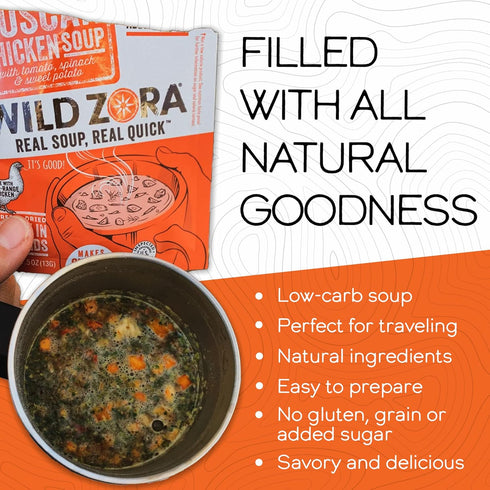 Wild Zora Instant Keto-Friendly Soups, Tuscan Chicken 8-pack, Gluten-Free, Low Carb, Flavorful Pantry Staples