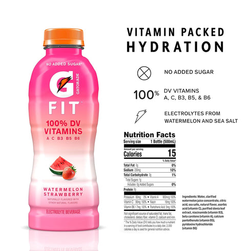 16.9.oz (12 Pack) Gatorade Fit Electrolyte Beverage, Healthy Real Hydration, Watermelon Strawberry, Bottles