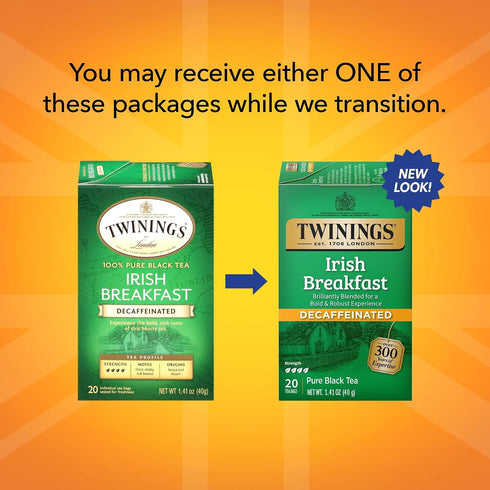 20 (Pack 2) Twinings Irish Breakfast Tea, Decaf Tea Bags, Strong and Distinctive Black Decaffeinated Tea, Individually