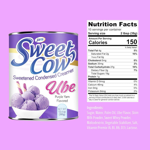 13.40 oz (Pack 12) Ube Condensed Milk, Can of Jans Sweet Cow Sweetened Condensed Creamer