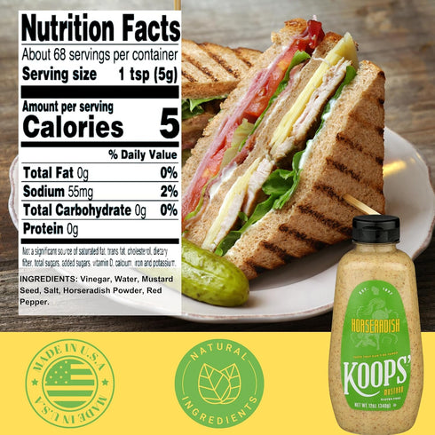 Koops' Horseradish Mustard - Bold and Zesty - Gluten-Free, Kosher - 12 Oz, Pack of 1