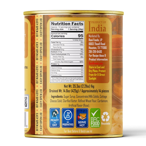 35.3oz (2.2lbs) 1kg, Pack 6, 14 Rani Gulab Jamun Round (w/ Cardamom Flavored Sugar Syrup) of Approximately pieces, Easy