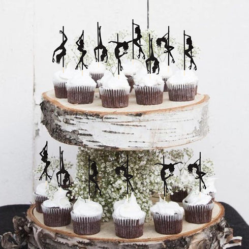 36 PCS Pole Dance Girl Cupcake Toppers - Black Glitter Picks for Bachelorette, Bridal Shower, Birthday Party