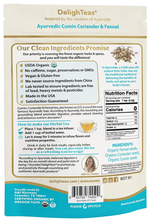 DelighTeas Organic Digest & Detox CCF Tea, Ayurvedic Loose Leaf Tea for Digestion, 60 Servings, 5 oz