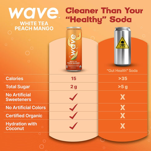 |12 Pack WAVE Organic Sparkling Drink | Low Calorie Drink, Peach Mango Lightly Carbonated | Great Natural Soda
