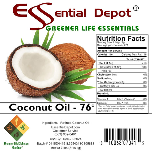 76F 7 lb Coconut Oil - - - No Scent/Odor - also called Coconut Butter - Food Grade - safety sealed PP container