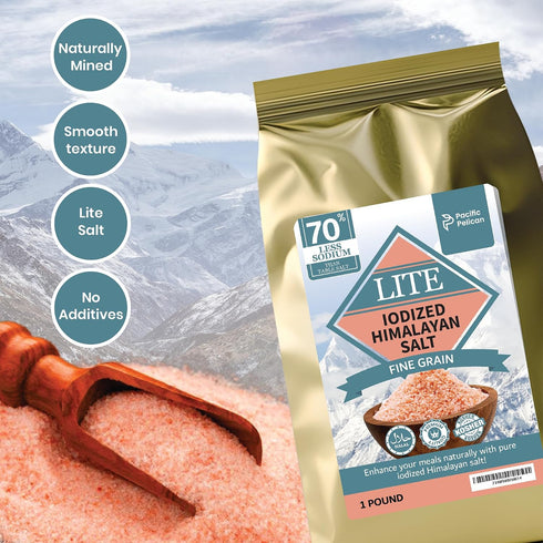 70% 100% (1 LB) (Pack 2) Pacific Pelican Iodized Lite Himalayan Pink Salt | Less Sodium | Fine Grain, Unrefined, Pure