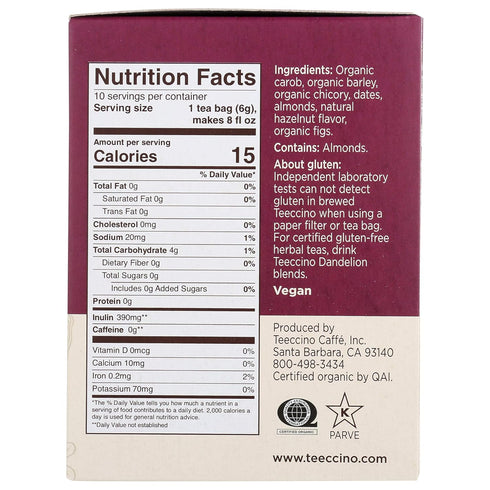 Pack 10 (Pack 4) Teeccino Hazelnut & Vanilla Nut Herbal Tea Variety - Roasted Herbal Tea Thats Caffeine Free