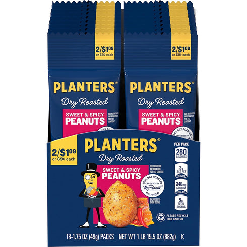 Packs, 1.75oz (18 Pack) PLANTERS Sweet and Spicy Peanuts, Dry Roasted Peanuts, Spicy Nuts, Nuts Individual Party