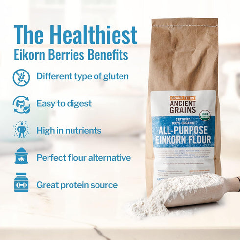 100% 5 lbs Grand Teton Ancient Grains - Organic All-Purpose Einkorn Flour, Einkorn Flour Organic & Non-GMO, Einkorn