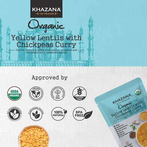 Lian Style Corporation 10oz 90 4-Packs ORGANIC Ready to Eat Indian Meals- Yellow Lentils w/ Chickpeas Curry - Pouches |