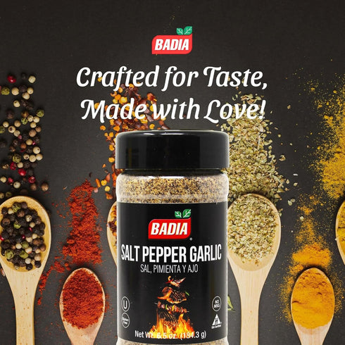 6.5 oz Badia Salt Pepper Garlic Seasoning, - All Purpose Spice Blend for Rubs, Beef, Chicken, Steak, Vegetables