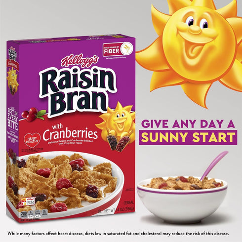 14oz (1 Kellogg's Raisin Bran Cold Breakfast Cereal, Fiber Cereal, Heart Healthy, Original with Cranberries, Box Box)