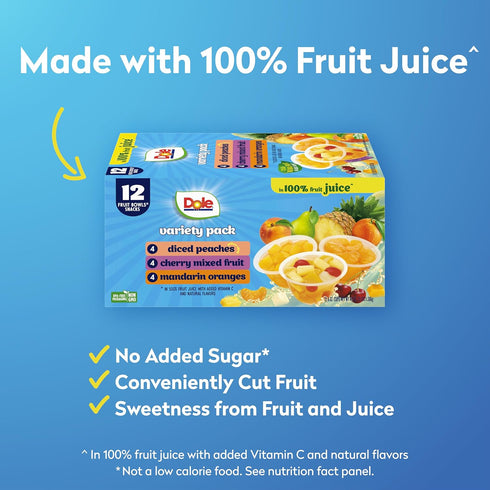 100% Pack 4 oz 12 Pack Dole Diced Peaches, Mandarin Oranges, and Cherry Mixed Fruit in Juice Variety - Dole Fruit Bowls