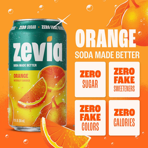 12 oz (24-Pack) Zevia Zero Sugar Soda, Orange, Cans Naturally Sweetened, Non-GMO Project Verified, Gluten-Free, Vegan