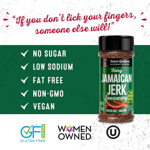 Sauce Goddess Fiery Jamaican Jerk Spice Shaker, Low Sugar, Low Sodium, Vegan Friendly Seasoning for Cooking
