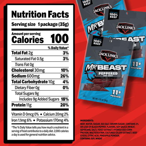 11g 100% 10 Count Jack Links x MrBeast Beef Jerky, Peppered Beef Jerky, As Seen on Beast Games, Protein, Made with Real