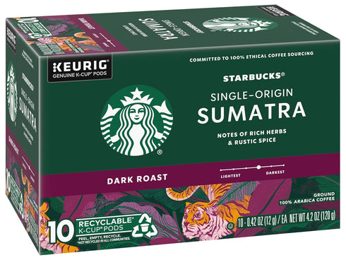 100% 10 (Pack 3 Starbucks Coffee K-Cup Pods, Single-Origin Sumatra Coffee, Dark Roast Arabica Coffee, Keurig Genuine