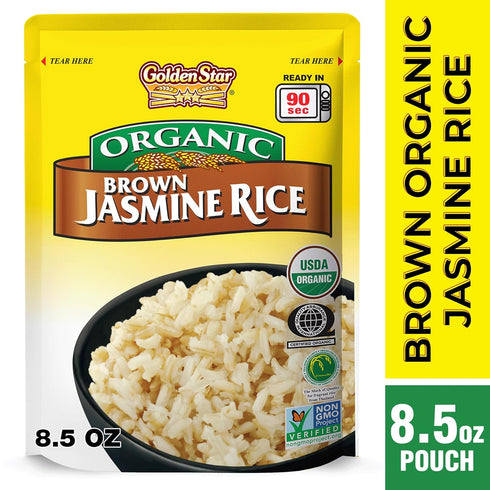 (6 Pack) 8.5 oz Golden Star Organic Thai Hom Mali Brown Jasmine Rice - Microwaveable Rice - Pouch