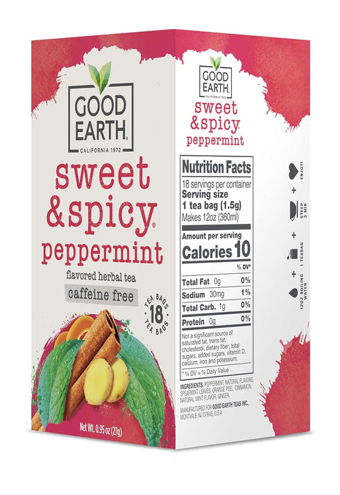 18 (Pack 6) Good Earth Tea Sweet & Spicy Caffeine Free Peppermint Herbal Tea, Teabags