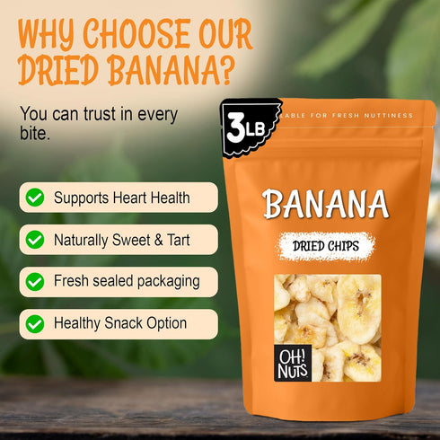 3 lb Packed Oh! Nuts Dried Banana Chips - - Dried Fruit Slices - Light Sugar Added - Dehydrated Fruit Bites - in New