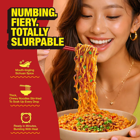 Pack, 3.20 oz (Pack 12) JWAY Sichuan Pepper Stir Fry Noodles, Deep-fried Instant Ramen with Chili Oil, Spicy Dry Tossed