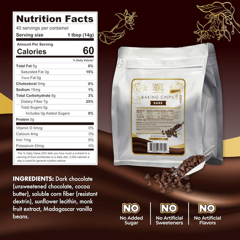 20 oz ChocZero Dark Chocolate Chips, Sugar Free, Vegan, Keto & Low Carb, Gluten Free, No Sugar Alcohols, Bag for Baking