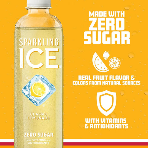 17 oz (Pack 24) Sparkling Ice, Classic Lemonade Sparkling Water, Zero Sugar Flavored Water, with Vitamins