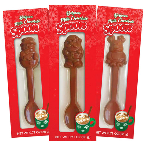 Albert's Pack 3 Belgian Milk Chocolate Hot Cocoa Stirring Spoons Assorted Holiday Characters, Christmas Stocking