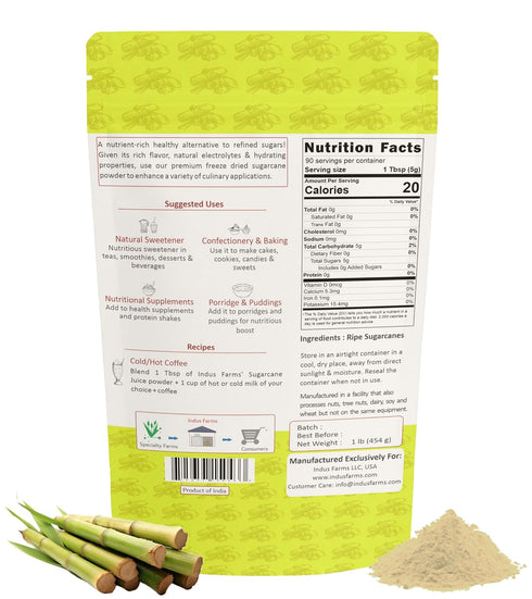 1 LB Indus Farms Freeze Dried Sugarcane Juice Powder Real Sugarcane Drink Mix, Natural Sweetener for Smoothies, Coffee
