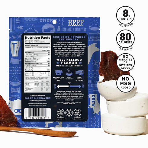 Packed 100% 2.7 KRAVE All Natural Beef Jerky, Sea Salt - Protein Snacks Roasted for Maximum Flavor - Grass Fed Beef