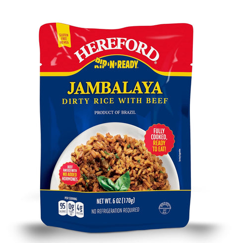 12g 6oz 12) Hereford Jambalaya Dirty Rice with Beef | Shelf Stable | Fully Cooked | Ready-to-Eat | Beef Raised with No