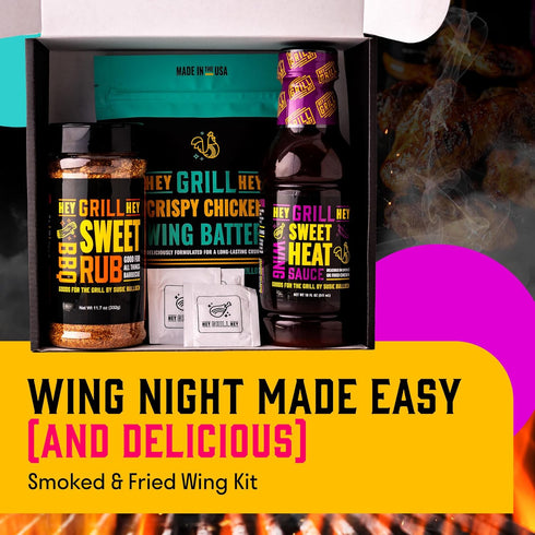 Hey Grill Hey | Chicken Wing Seasoning & Sauce Kit | All-in-one Crispy Batter, BBQ Rub, and Sweet Heat BBQ Sauce | Wing