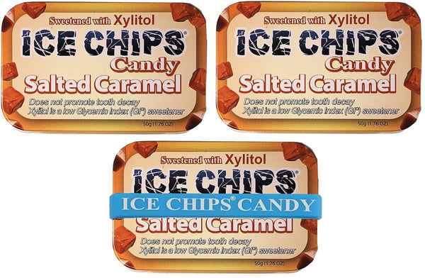 ICE CHIPS Xylitol Candy Tins 5.28 oz (Salted Caramel, 3 Pack) - Includes BAND