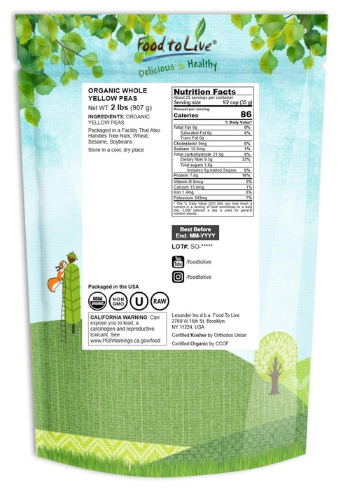 2 Food to Live - Organic Whole Yellow Peas, Pounds Dry Non-GMO Pulses. Great for Soups, Stews & More! Good Source
