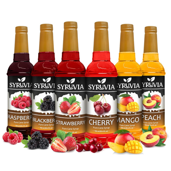 Syruvia Summer Fruit Syrup Variety Pack Strawberry, Blackberry, Raspberry, Cherry, Mango &