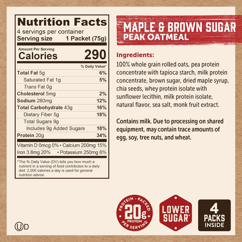 Packets, Protein,100% 6 4 packets 24 packets) Kodiak Cakes Peak Instant Oatmeal Maple Brown Sugar, High Whole Grains