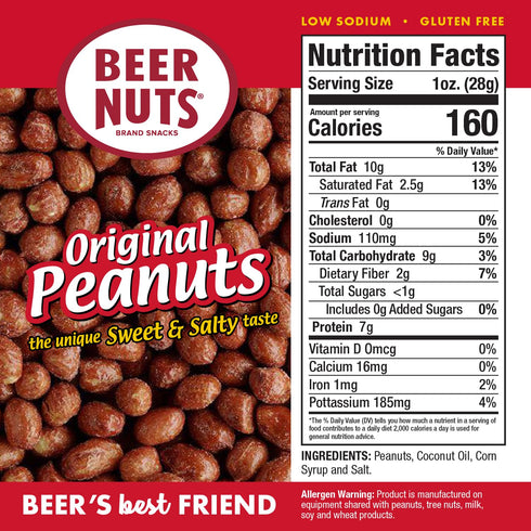 41oz (Pack 2) BEER NUTS Original Peanuts - Sweet & Salty Bar Nuts - Gluten Free, Kosher, Low Sodium Peanut Snacks Made
