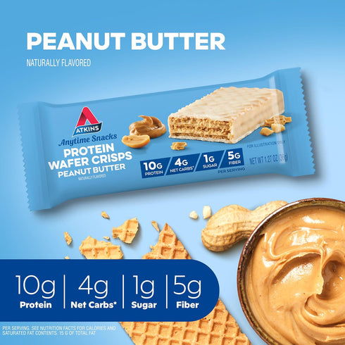 4g 1g 5 Count Atkins Peanut Butter Protein Wafer Crisps, Protein Dessert, Net Carb, Sugar, Keto Friendly
