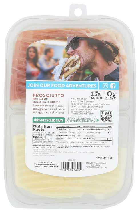 Mozzarella 2.2 Creminelli - Italian Artisan Handcrafted Fine Meats, Sliced Prosciutto Salami with Aged Cheese, Ounce