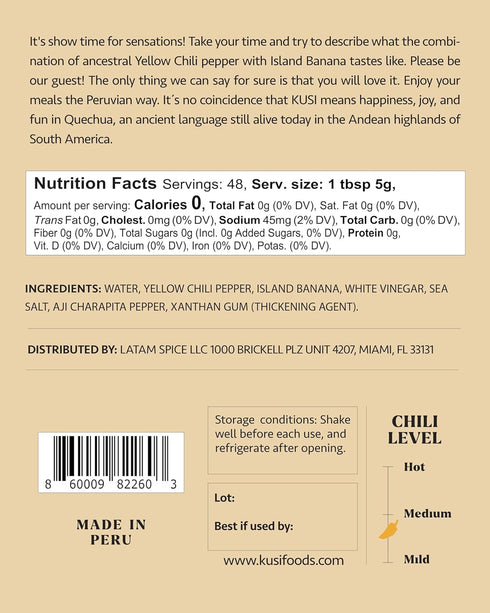 50 8.5 oz Kusi Foods MYSTIC GOLD Peruvian Mild Hot Sauce, Made with Yellow Chili Peppers, Banana and Aji Charapita
