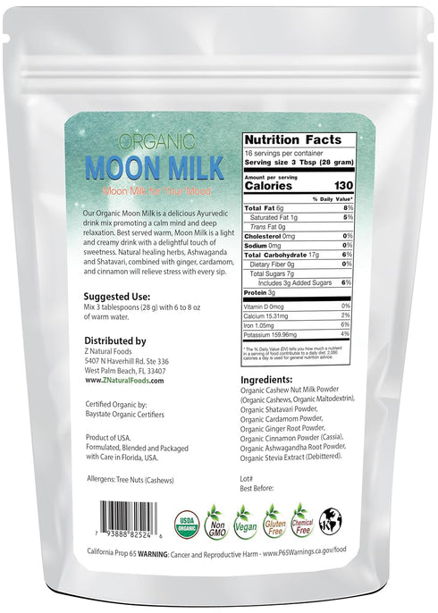 1 lb Z Natural Foods Organic Moon Milk Powder, Calm & Relax the Mind & Body Before Bedtime, Contains Ashwagandha