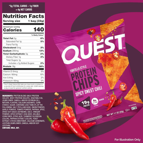 19g 4g 1.1 oz (Pack 12) Quest Nutrition Spicy Sweet Chili Tortilla Chip, Protein, Net Carb, High Protein Low Carb