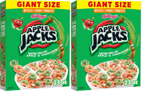 Kelloggs Apple Jacks Breakfast Cereal,Kids Snacks,Family Breakfast,Giant Size,Original,23oz Box (1 Box),(Pack of