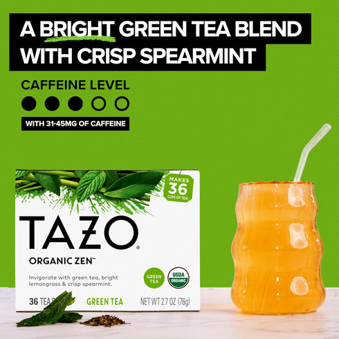 144 (36ct Pack 4) TAZO Organic Zen Green Tea, Green Tea Zen for Health and Wellness, Total Tea Bags