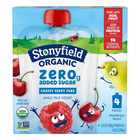 Stonyfield Organic Kids Zero G Added Sugar Whole Milk Yogurt Pouches, Cherry Berry Pear,